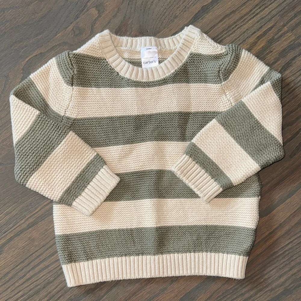 Carter’s Green & Cream Striped Sweater & Denim Overalls Set | 18M